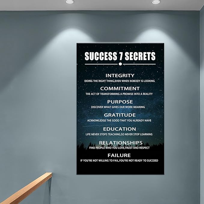 Inspirational Wall Art Success 7 Secrets Motivational Star Chart Poster Positive Quotes Wall Decor for Office Modern Home Living Room Classroom Canvas Framed Artwork Ready to Hang [24''Wx36''H]