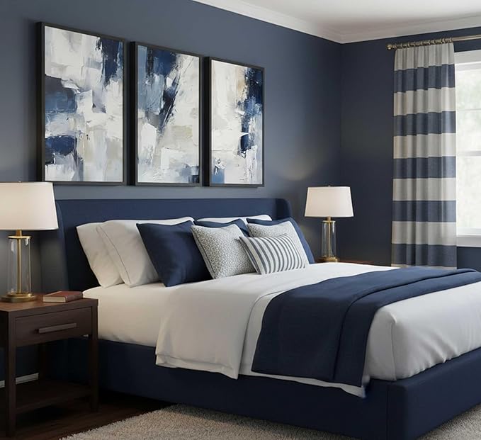 3pcs Navy Blue Abstract Canvas Wall Art Modern Minimalist Neutral Blue White Painting Picture Wall Decor Posters Prints Artworks for Living Room Bedroom Office Home Decoration Unframed