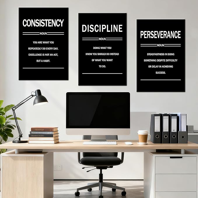 Inspirational Canvas Wall Art 3 Pieces Perseverance Discipline Consistency Posters Motivational Office Wall Decor Picture Painting for Home Living Room Gym Artwork Stretched and Framed [48''W X 24''H]