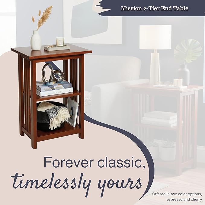 Alaterre Furniture Mission 3-Tier End Table with Vertical Slat Side Panels – Craftsman Style Wood Side Table with Open Storage for Living Room, Bedroom, or Cozy Reading Nook (Cherry)
