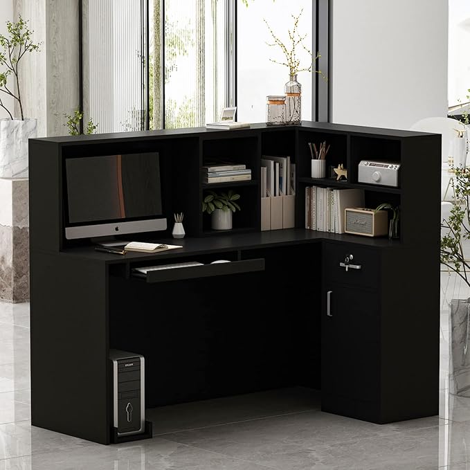 Homsee Reception Desk L-Shaped Office Desk with Counter, 1 Door Storage Cabinet, 1 Lockable Drawer, Hutch Shelf and Keyboard Tray, Black