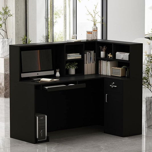 Homsee Reception Desk L-Shaped Office Desk with Counter, 1 Door Storage Cabinet, 1 Lockable Drawer, Hutch Shelf and Keyboard Tray, Black