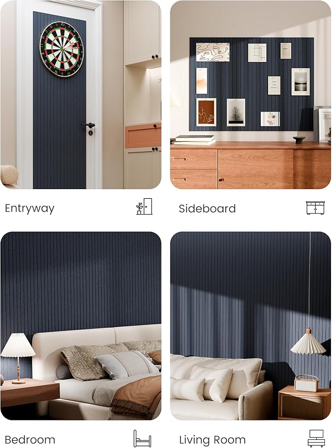 Bumusty Large Cork Board Alternative-48 x 36" Felt Bulletin Board Tiles, with 30 Pushpins, 70 Adhesive Tabs, 12-Pack Slat Wall Paneling, Cork Boards for Office Push Pin Board-Deep Charcoal Blue