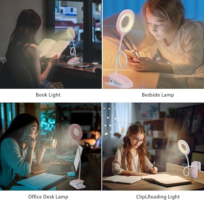 Clip On Reading Light, USB Rechargeable Desk Lamp for Dorm Room Essential, Clip On Light, 3 Color Touch Dimmable, Eye Protect, Pink