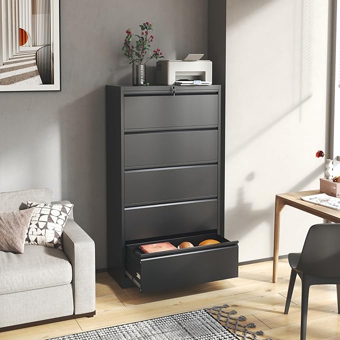 Lateral File Cabinet with Lock,5 Drawer Metal Filing Cabinets, Home Office Storage Cabinet for Hanging Files Letter/Legal/F4/A4 (Black)