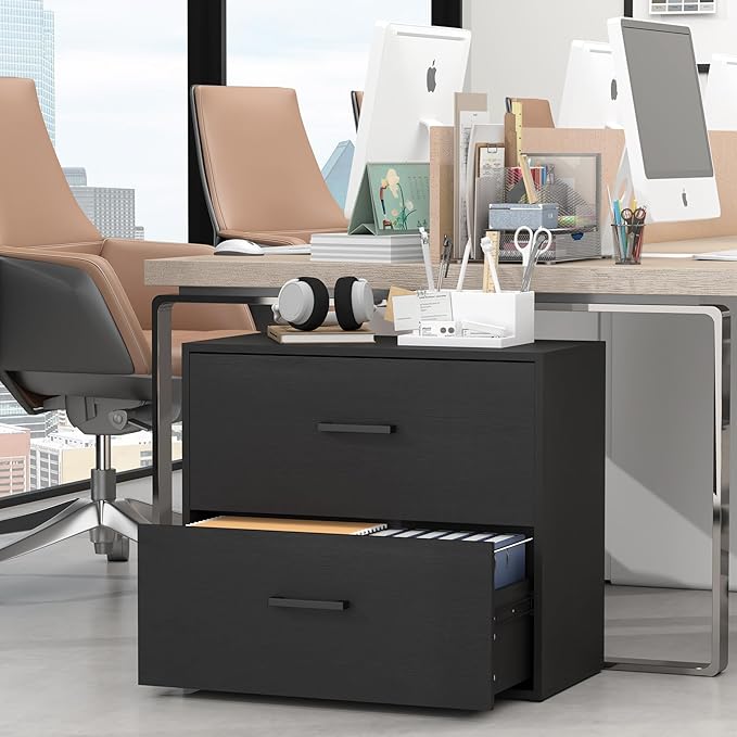 Lateral File Cabinet, Wood 2 Drawer File Cabinet with Hanging Bars for Letters, Black Horizontal File Cabinets for Home Office, Black