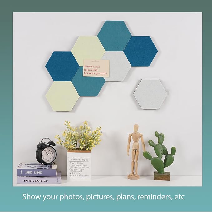 Felt Bulletin Board Tiles, 8 Pcs Hexagon Wall Tiles with Removable Adhesive, 7.9×6.9 Inch Cork Pin Board for Classroom, Home, Office (Set A, Middle)
