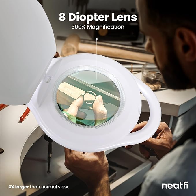 Neatfi 1,000 Lumens | LED Magnifying Lamp with Clamp | Dimmable | 3X Magnification | 3000K–6500K Light | Includes Microfiber Cloth | Light for Reading, Sewing & Crafts (White, 5-Inch Lens, 8 Diopter)