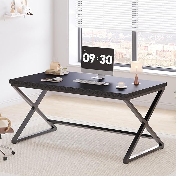 IBF Black Desk, Modern Computer Desk for Home Office, Industrial Simple Pc Gaming Writing Study Desk in Bedroom, Wood Metal Laptop Workstation Executive Work Computer Table, Black Oak, 55 Inch