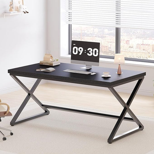 IBF Black Desk, Modern Computer Desk for Home Office, Industrial Simple Pc Gaming Writing Study Desk in Bedroom, Wood Metal Laptop Workstation Executive Work Computer Table, Black Oak, 55 Inch