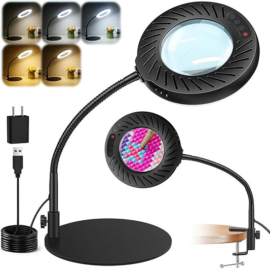 12X Magnifying Glass with Light and Stand, 144 LEDs Flexible Desktop Magnifying Lamp, 5 Color Modes 9 Dimmable Brightness, Metal Desk Magnifier Lamp for Craft Reading Painting Hobby Close Work
