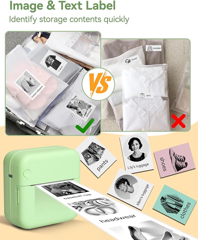 Aptika Mini Printer - Portable Sticker Maker with 14 Rolls Self-Adhesive Thermal Papers, Inkless Label Maker Machine for Study Anatomy Graphics Photos Address, Green
