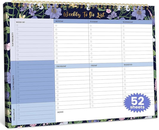 Weekly To Do List Notepad with 52 Undated Sheets（8.5"×11"）- Undated Weekly Planner Notepad for Office Desk Accessories and Supplies - Blue Meadow