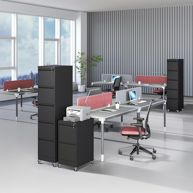 5 Drawer File Cabinet with Wheels, Metal Mobile File Cabinet with Lock, Rolling Filing Cabinet Home Office for Hanging File Folders, Letter Size, Legal Size, A4 Size, Require-Assembled, Black