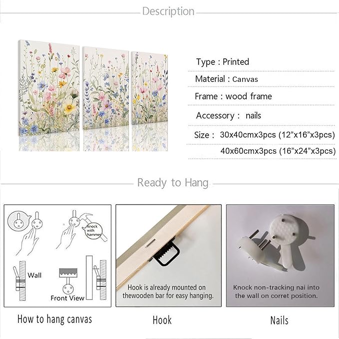 Bwodke Wildflower Wall Art Watercolor Botanical Floral Colorful Canvas Prints Set of 3 Modern Minimalist Flower Pictures Decor Painting Bedroom Bathroom Living Room Nursery 16"x24"