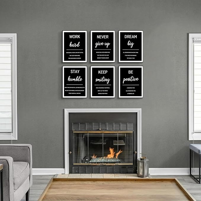 Motivational Quotes Wall Art Set,6 Piece Office Inspirational Wall Decor,Black and White Positive Quotes Canvas Prints,Work Hard,Never Give Up Painting for Office Bedroom Living Room 8x10in Posters