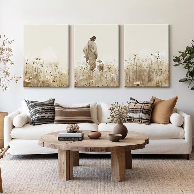 Jesus Leaves the 99 Sheep Wall Art Christian Canvas Poster Jesus and Lamb Wall Decor Religious Pictures Lost Sheep Painting God Christ Painting Artwork for Bedroom Living Room 12x16x3 Inch Ready to Hang