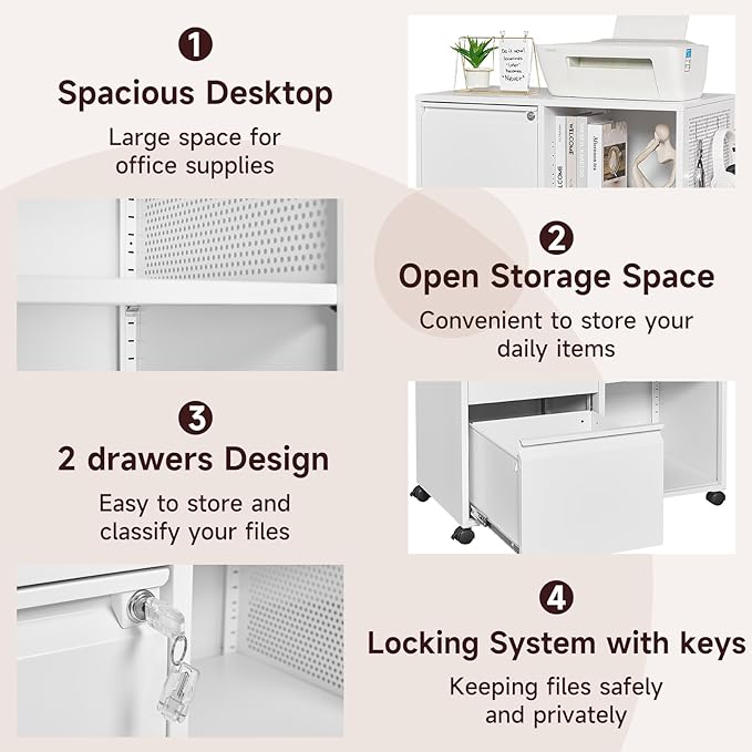 2 Drawer File Cabinet for Home Office, Rolling File Cabinets with Lock, Under Desk Metal Filing Caninet with Wheels for A4 / F4 / Letter/File Box, White-Assembly Required