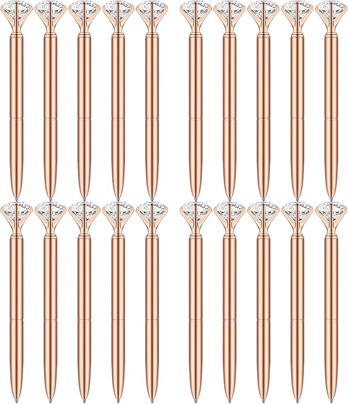 PASISIBICK 20 Rose Gold Diamond Pens Bling Diamond Gem Pen Décor Gifts for Women Bridesmaid Coworkers Bulk Crystal Metal Ballpoint Pens Black Ink(Rose Gold)