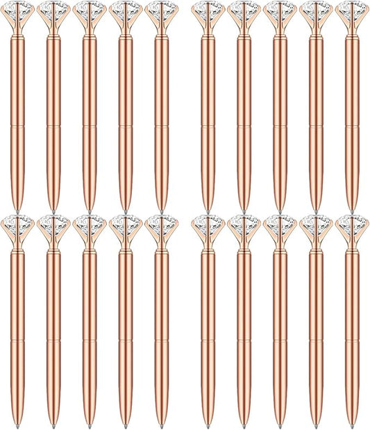 PASISIBICK 20 Rose Gold Diamond Pens Bling Diamond Gem Pen Décor Gifts for Women Bridesmaid Coworkers Bulk Crystal Metal Ballpoint Pens Black Ink(Rose Gold)
