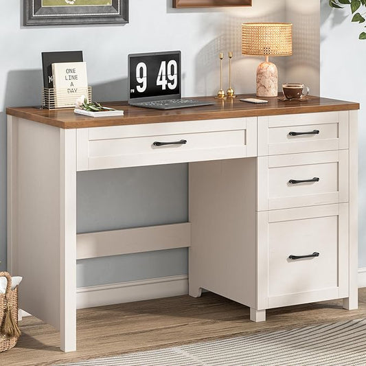 Farmhouse 47" Executive Desk, Computer Desk with File Drawer and Charging Station, Workstation for Home Office, Study.（Unique White）