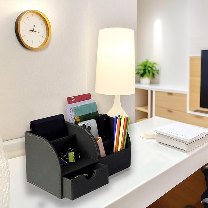 UnionBasic Desk Organizer - Multifunctional Leather Desktop Pen Holder Storage Box - Business Card/Pen/Pencil/Mobile Phone/Stationery Holder, Taiga Dark Gray