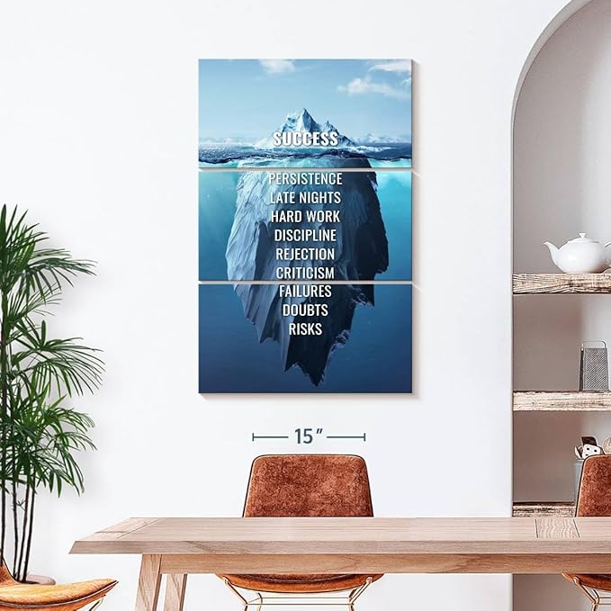 Elephant Stock - Success Typography Wall Art - Vertical Multi Panel Canvas - 3 Piece Living Room Wall Decor - Digital Art Inspirational And Typography Multi Piece Wall Art - Blue And White Decor - 28" x 45"