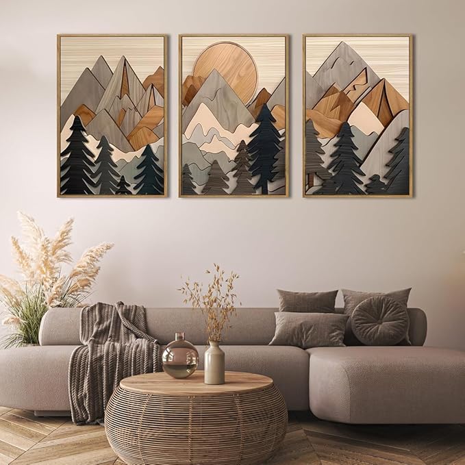 Set of 3 Mountain Wall Art Large Forest Wall Decor Woodcut Wooden Landscape canvas posters Nature Wilderness Art Prints Abstract Landscape Painting for Living Room Bedroom Office Unframed 12x16in