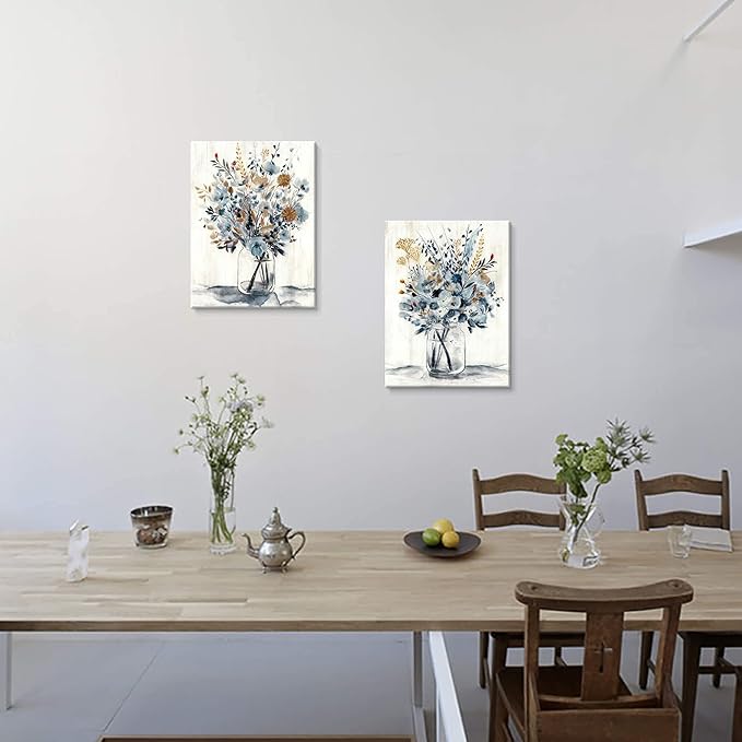Hardy Gallery Floral Painting Canvas Wall Art: Abstract Flower Bouquet in Glass Bottle Picture Print for Dining Room (18'' x 24'' x 2 Panels)