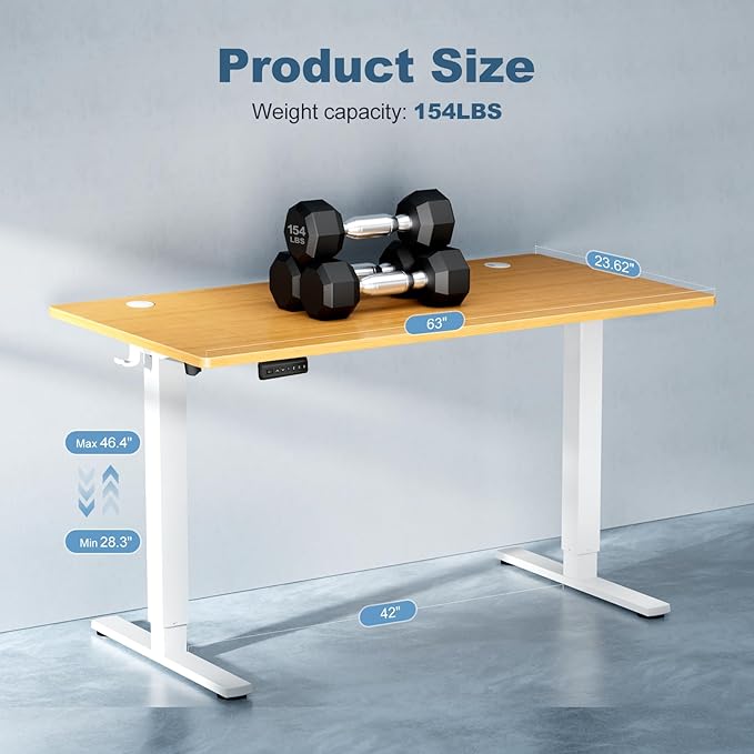 DUMOS 63 Inch Electric Standing Desk Height Adjustable, Sit to Stand Computer Workstations Large Work PC Table Home Office Writing Gaming Desks with Memory Presets for Walking Pad, Bedroom, Oak