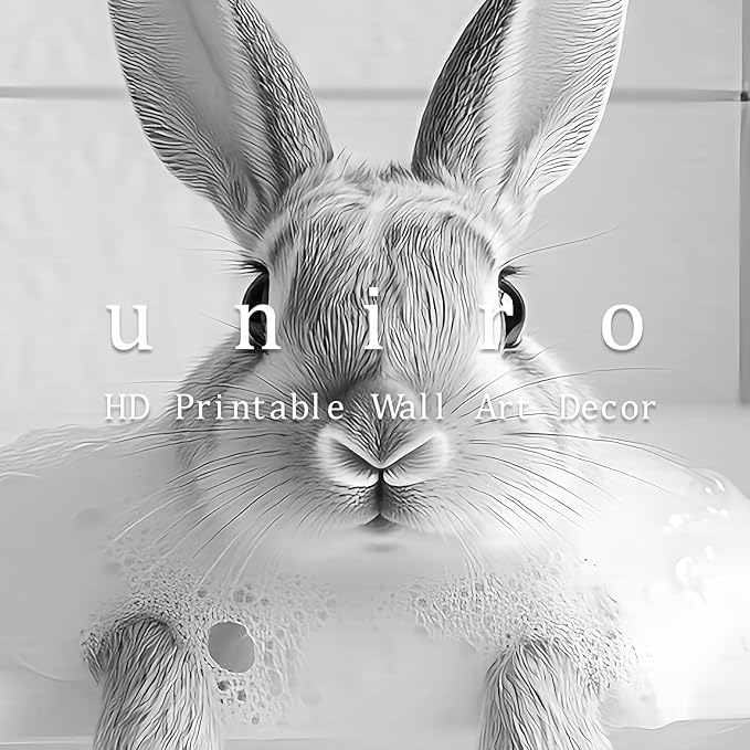 uniro Bunny Black and White Photography, Funny Rabbit Bath Teeth, Bathroom Wall Art Whimsical Farmhouse Decor Cute Bunny Animal Canvas Print Painting, Modern Bathroom Signs Wall Art Poster for Bathroom Decor( 8" x 10"-UNFRAMED)