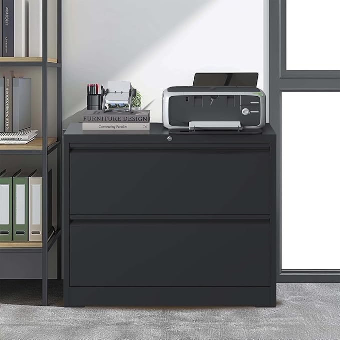 2 Drawer Lateral File Cabinet with Lock for Home Office Metal Filing Cabinet with Adjustable Hanging Bars Horizontal Filing Organization Storage Cabinet for Letter/Legal/A4/F4 Size Black