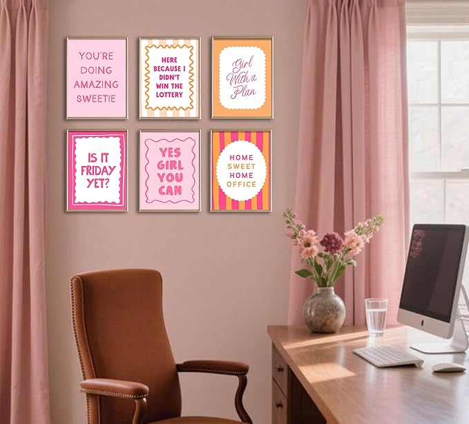 6Pcs Pink Inspirational Wall Art Contemporary Home Workspace Wall Decor Pictures Yes, you can Motivational Quotes Phrases Poster Prints for Bedroom Apartment Home Decoration 8x10inch unframed