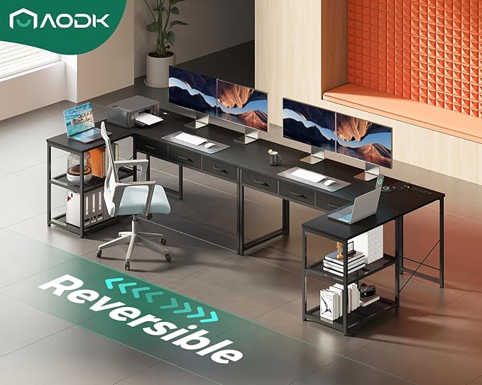 AODK 53 Inch L Shaped Computer Desk with Drawers, Corner Desk with Power Outlets & Reversible Storage Shelves, for Home Office Gaming, Black