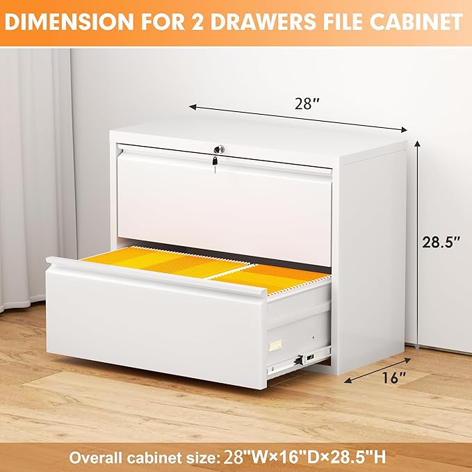 INTERGREAT 2 Drawer Lateral File Cabinet, White Lateral Filing Cabinets with Lock, 28" W Filing Organization Storage Drawers, Horizontal File Cabinets for Home Office, Letter/F4/A4