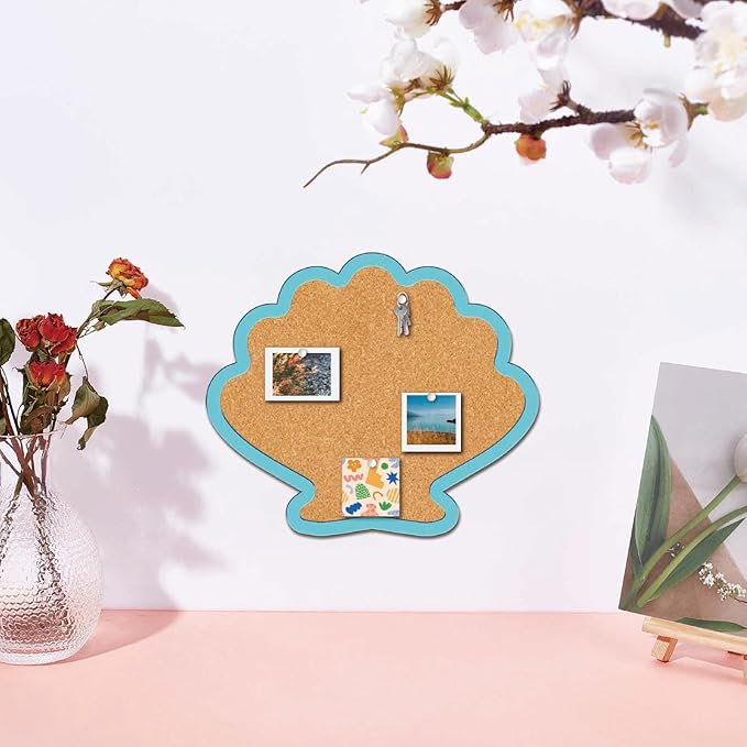 CRASPIRE Shell Pin Display Cork Board 9.8 X 8.5 Inch Wall Mounted Blue Frame Bulletin Boards Badge Wooden Decorative Memory Memo Brooch Lapel Pins Holder Storage for Home Office Bedroom Decoration