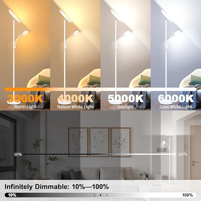 White Floor Lamp,Upgraded 42W/4200LM Bright Floor Lamp,Torchiere Floor Lamps with Reading Light,Modern Dimmable Standing Lamp with Remote,Floor Lamps for Living Room,Bedroom,Office