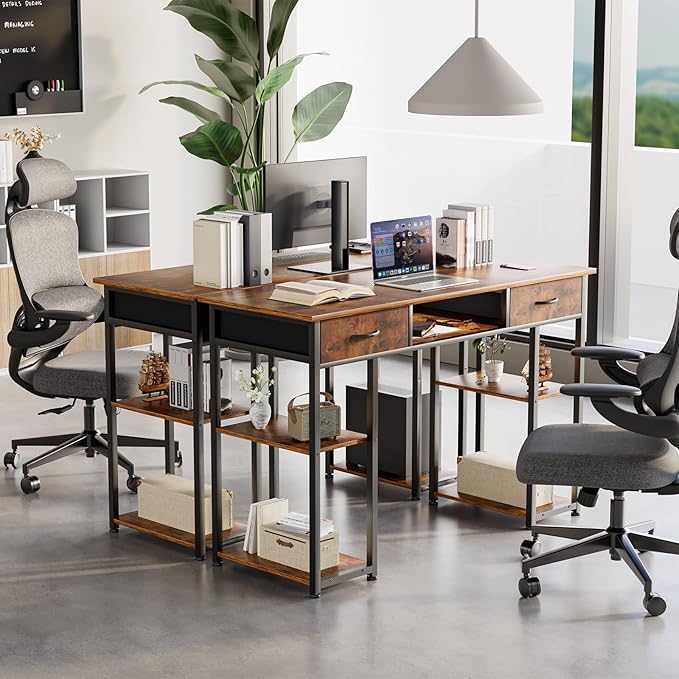 Sweetcrispy Desk with Fabric Drawers, Computer Office 48 Inch Gaming Writing Study 4 Storage Shelves Table for Home Office Bedroom PC Desk, Pure Brown