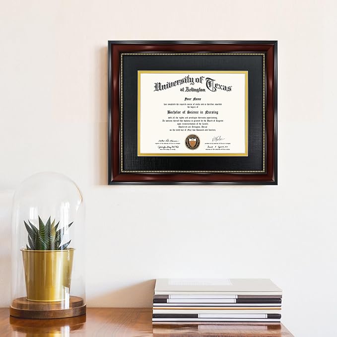 GraduationMall 7x9 Diploma Frame with Black over Gold Mat or Display 10x12 Document without Mat, Tempered Glass, Mahogany with Gold Beads