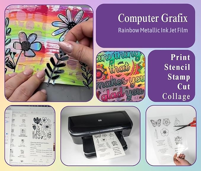 Computer Grafix Adhesive Backed Inkjet Film - Self-Stick Printable Film for Creating Custom Journals, Stickers, Photos, Jewelry and More, Ink Jet Printers Only 8.5 x 11”, Rainbow, 6 Pack