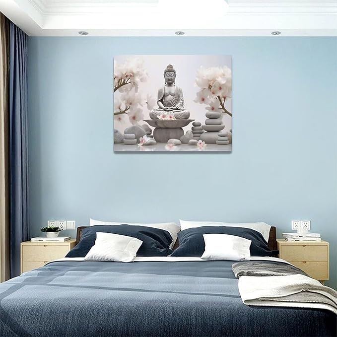 yerretin Buddha Zen Wall Art Buddhist Pictures Wall Decor Blossom Statue Canvas Meditation Painting Modern Artwork Home Decoration for Bathroom Living Room Bedroom Spa Yoga Framed 20"x16"