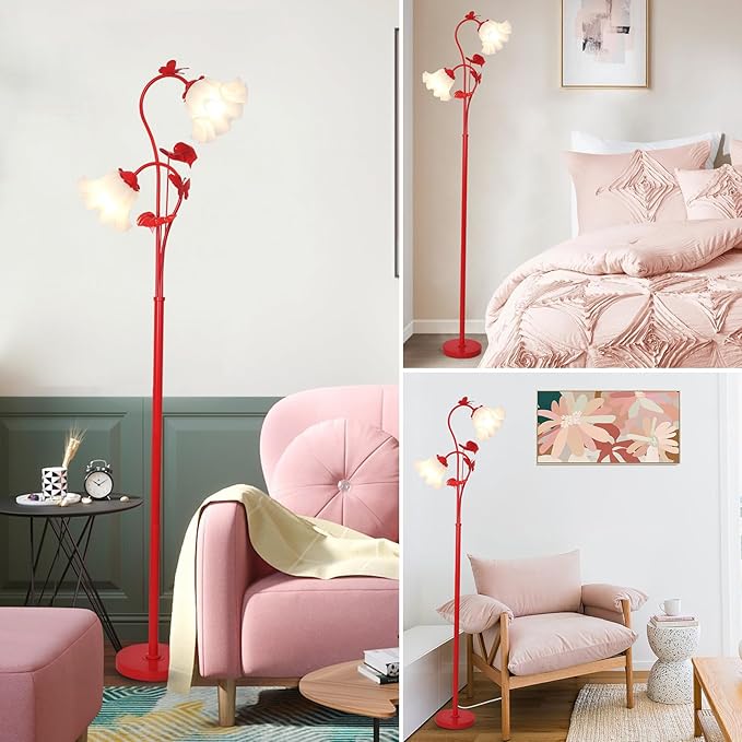 HMVPL Red Floor Lamp for Living Room, Flower Standing Lamp with 2 LED 5W Blubs, Foot Switch, Floral Tall Lamp with Acrylic Shade, Antique Lotus Flower Floor Lamp for Living Room Office Reading