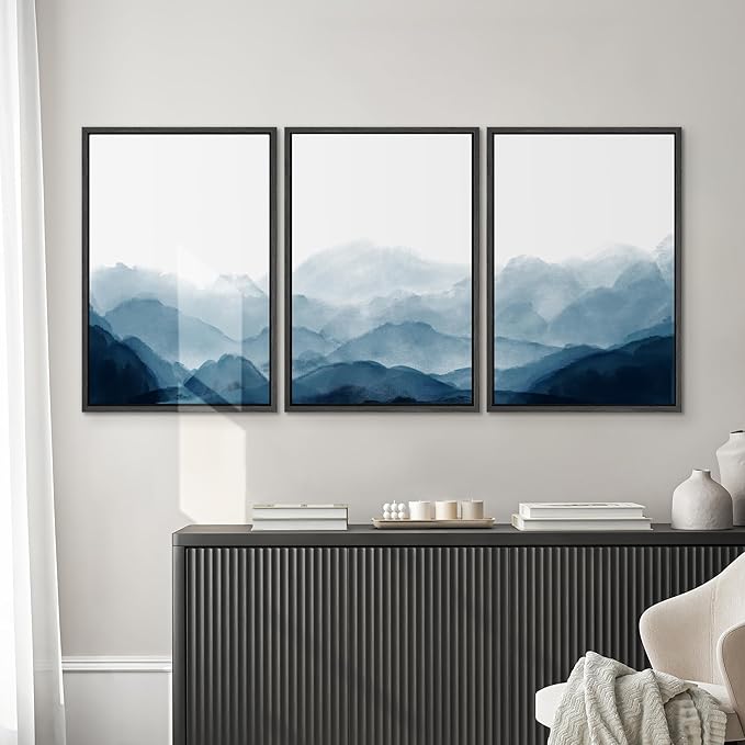 SIGNWIN Framed Canvas Print Wall Art Blue Watercolor Mountains in Fog Nature Wilderness Modern Art Rustic Cool for Living Room, Bedroom, Office - 16"x24"x3 Black
