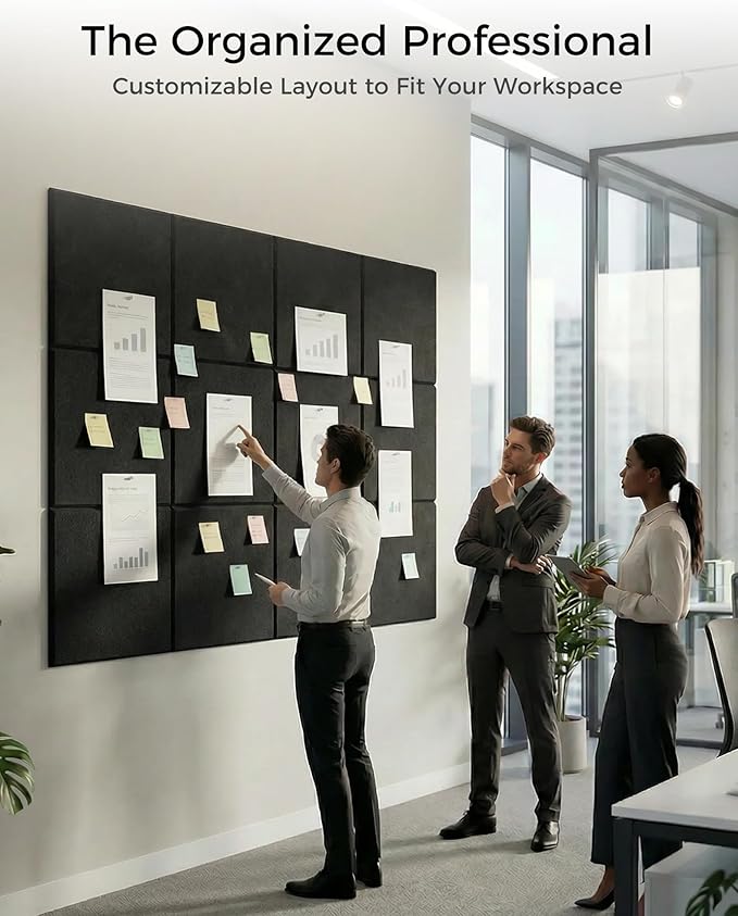Aothia 12-Pack Felt Bulletin Board Tiles for Walls - 48x36 Modular Bulletin Board, Cork Board Alternative Pin Board for Office & Classroom, 70 Adhesive Tabs & 40 Push Pins Included (Black)