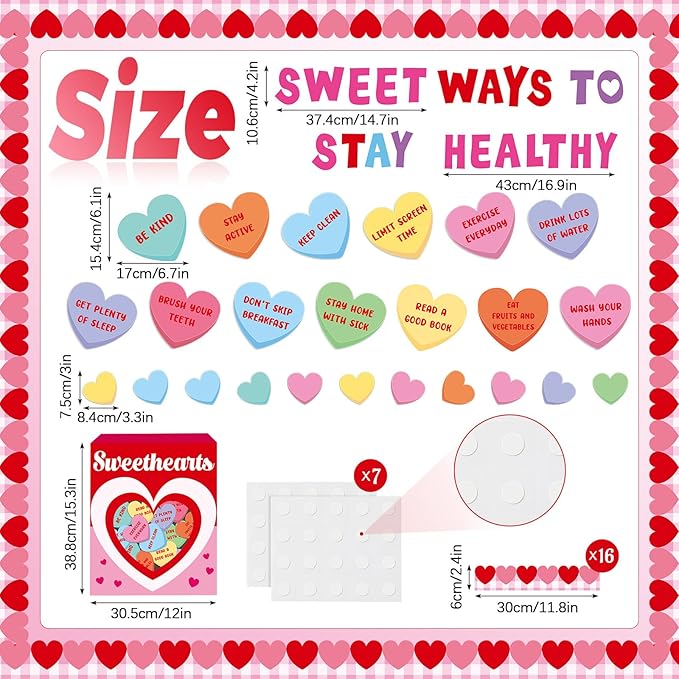Valentine's Day Health Habit Bulletin Board Set Valentines Sweet Ways to Stay Healthy Classroom Decoration Sweet Love Heart Cutouts Heart Bulletin Board Border for School Home Wall Door Party Supplies