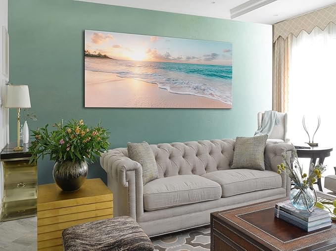 Beach Canvas Wall Art - Sunset Ocean Picture Green Nature Seascape Painting Print for Kitchen, Bedroom, Living Room Decoration, Large Coastal Artwork Poster for Wall Decor 20"x40"