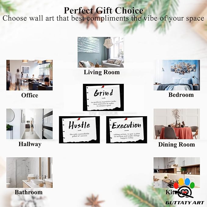 Office Wall Art - 3 Panel Motivational Wall Art, Inspirational Quotes Canvas Art for Home Office Wall Decor, Positive Quotes Wall Decor, Entrepreneur Grind Hustle Execution Poster Frame (24”x36”x3Pcs)