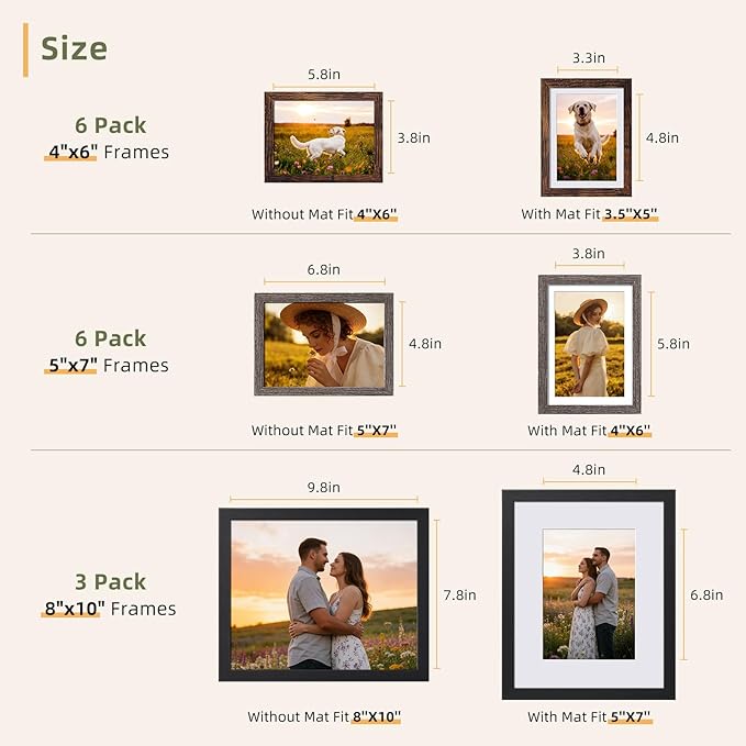 HappyHapi 15 Pack Picture Frames Collage Wall Decor, Gallery Frame Set for Mounting or Tabletop Display, Multi Sizes Including 3Pcs Black 8x10, 6Pcs Gray 5x7, 6Pcs Brown 4x6
