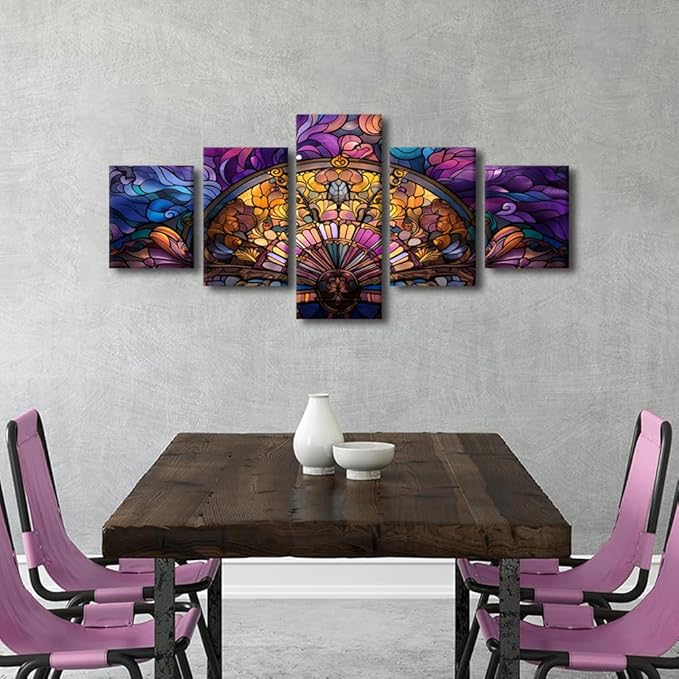 Canvas Wall Art for Bedroom Modern Native Americans Abstract Canvas Wall Decor Stained Glass Style Colorful Poster 5 Panel Fan Canvas Art for Room Decor Stretched and Framed Ready to Hang 50x24 in