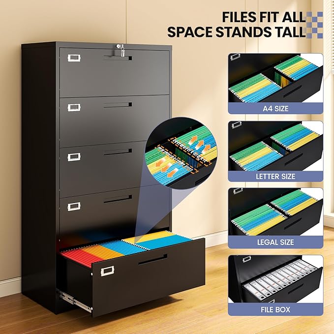 5 Drawer File Cabinet, Black Metal Lateral File Cabinet with Lock, Office Filing Cabinet for Legal/Letter/A4/F4 Size with Hanging Files, Lockable File Cabinets for Home Office